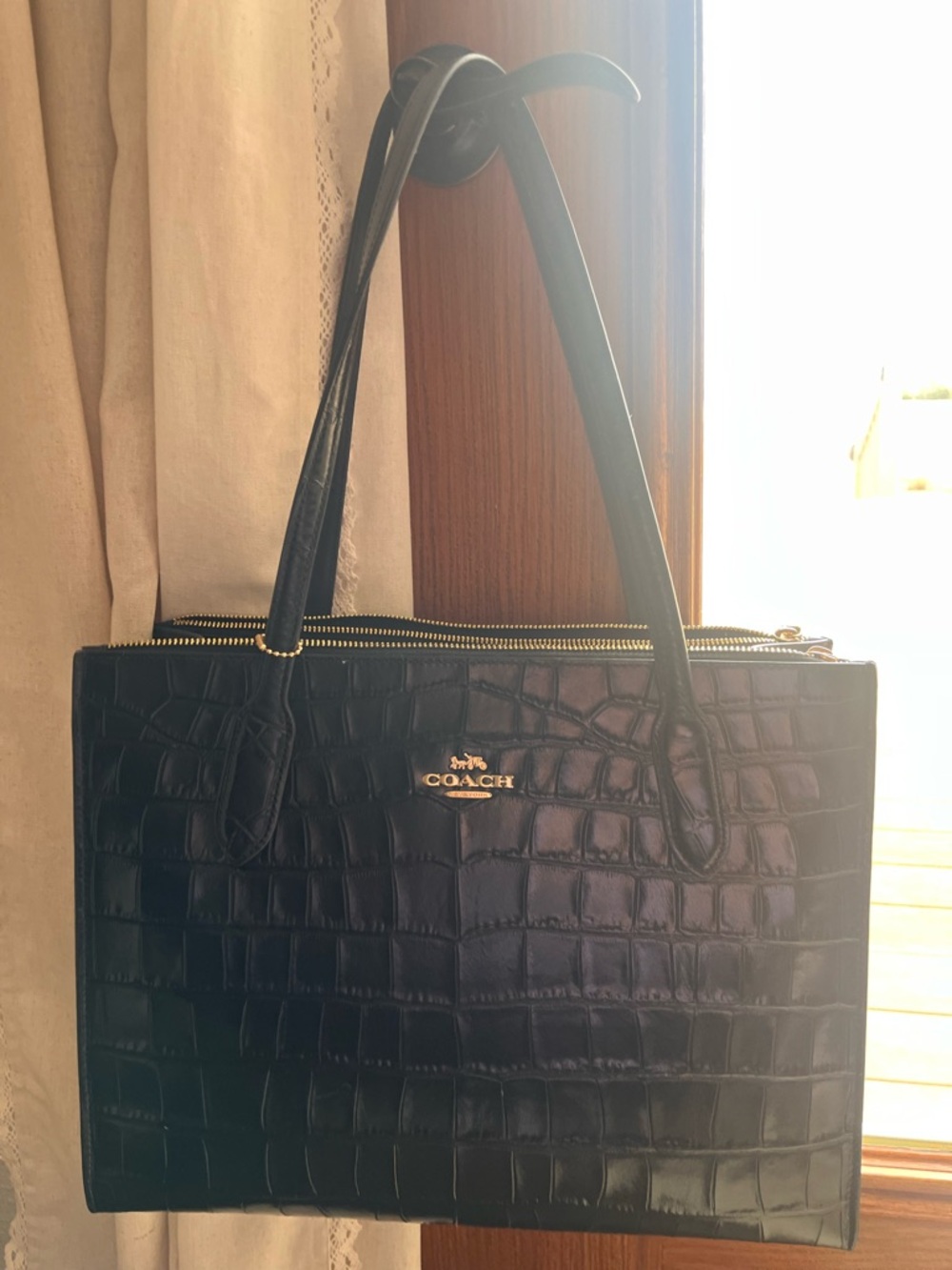 Coach Black Croc-Embossed Leather Tote with Gold Logo